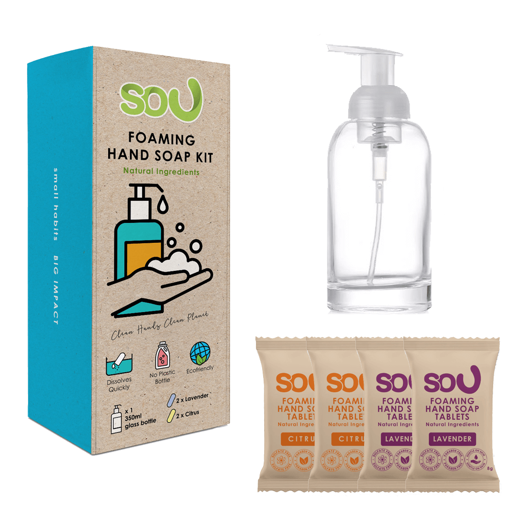 SOU Eco-Friendly Foaming Hand Soap Tablet Starter Kit - 350ml Forever Glass Bottle + 4 Tablets)